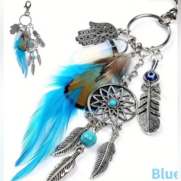 Boho Crystal Dreamcatcher Chakra Blue Feather Purse Bag Charm Bling Keychain - Picture 1 of 2